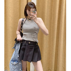The latest 2024 spring and summer stylish temperament black and white striped sleeveless V-neck lace top, model 240038, from the M family brand.