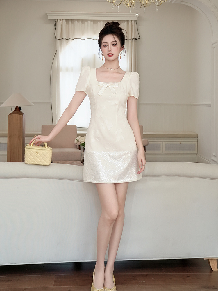 Đầm ôm body nữ cổ vuông thắt nơ kiểu Pháp mùa hè — mơ