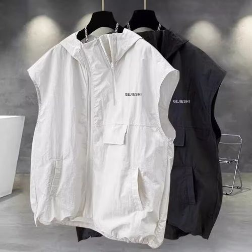 Summer workwear zipper design sleeveless T-shirt men Korean version trend casual couple hooded waistcoat vest loose