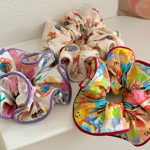 Korean version colorful small bear floral pattern forest system sweet fabric large intestine circle gentle ponytail ball hair tie hair accessory