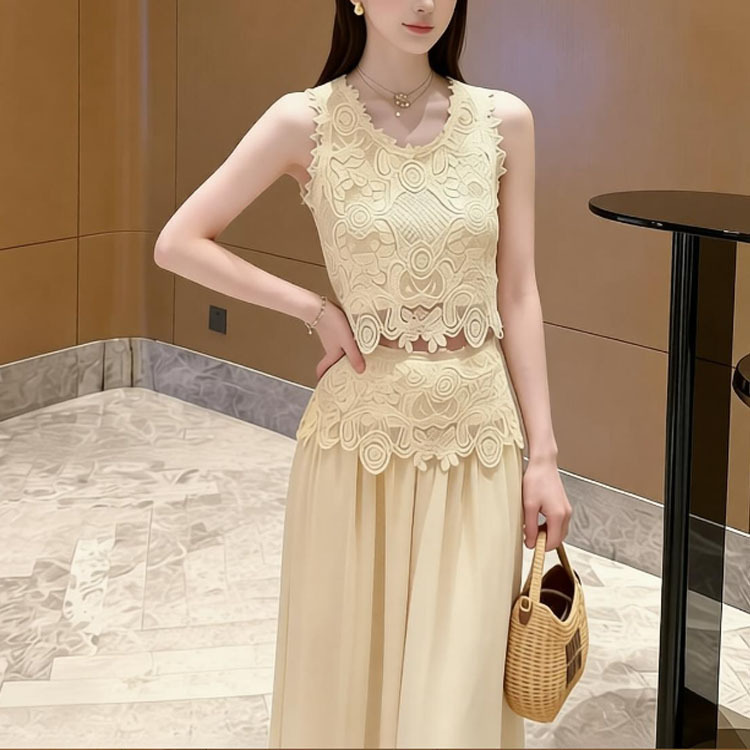 Sean D's Romantic Hollow-Out Embroidered Vest Top + Pants Set, Fashionable and Stylish Two-Piece Set D