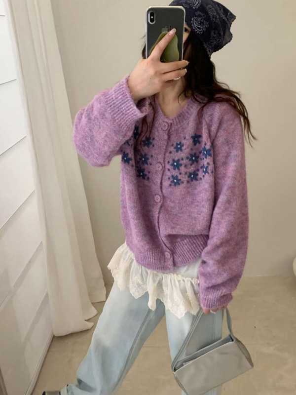 韩系穿搭针织开衫女2025新款秋装宽松休闲设计感绣花毛衣外套上衣|undefined