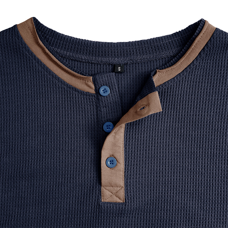 Herren 2023 Sommer Kurzarm Henley Shirt Schönes lässiges Retro T-Shirt Waffel Farbblock Rundhalsshirt_voghion.com