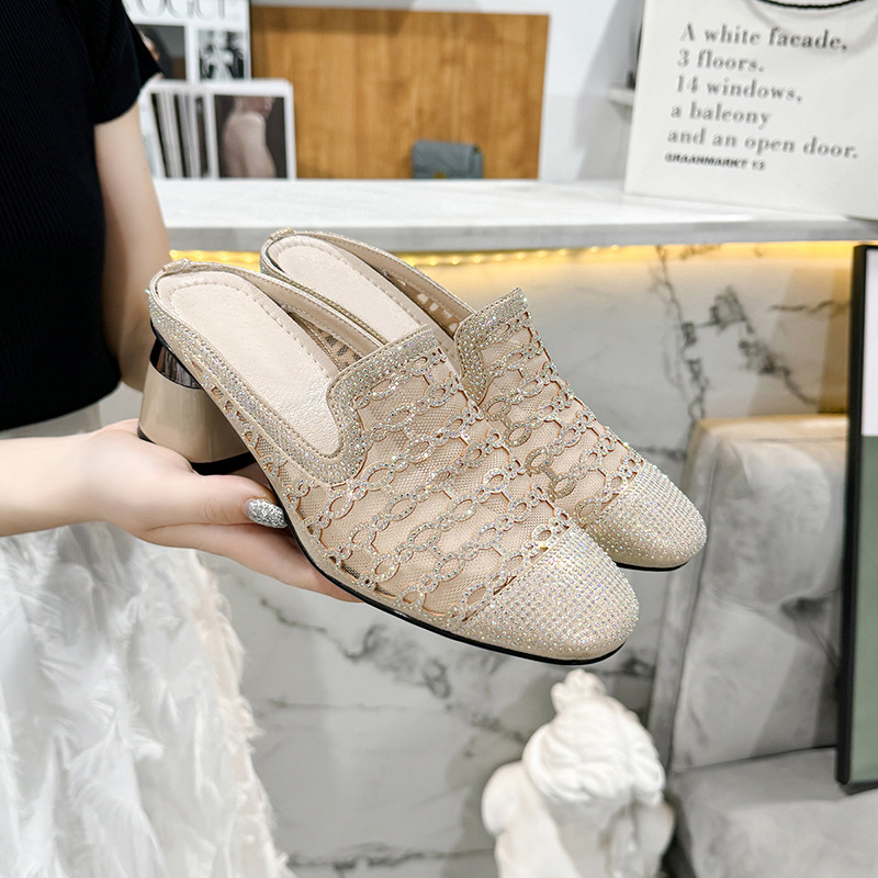 Dép sandal nữ quai chữ V gót thấp 3 cm, đế mềm, lưới thoáng khí — Gót đen cao 3 cm
