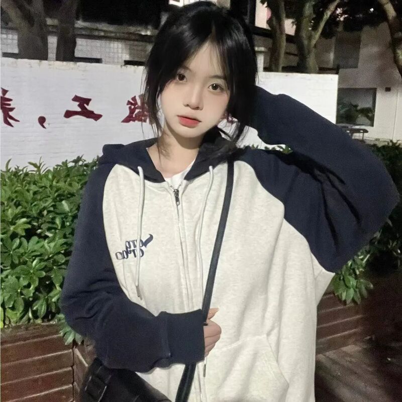 American retro color-blocked sweatshirt for women, spring and autumn, loose fit, trendy ins brand, casual style, oversized cardigan with hood
