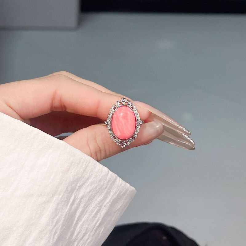 Steel Stamped Platinum-Plated Adjustable Design Second-Generation Imitation Pink Sandstone Ring Gift for Girlfriend or Mom