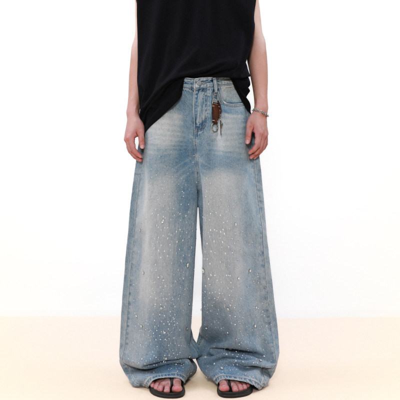 Mrnearly American Retro Style Rhinestone Low-Crotch Design Straight-Leg Jeans for Men, Loose and Casual Wide-Leg Pants