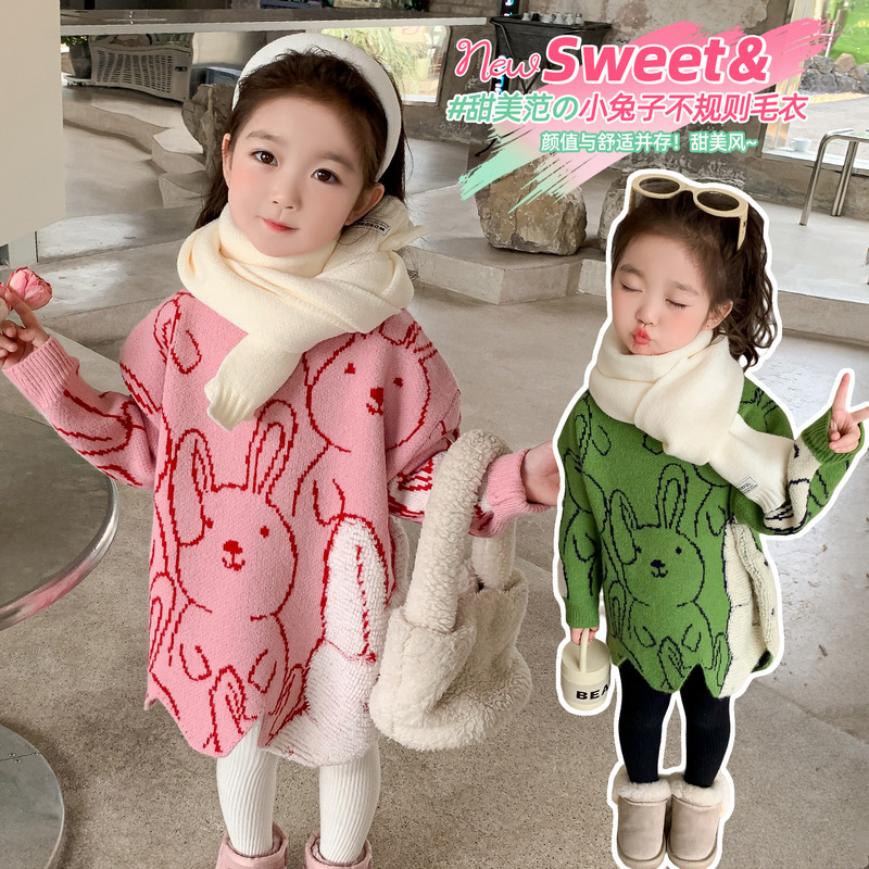 Suéter de punto para niñas con diseño de conejito, abrigado – moda otoño-invierno 2024.
