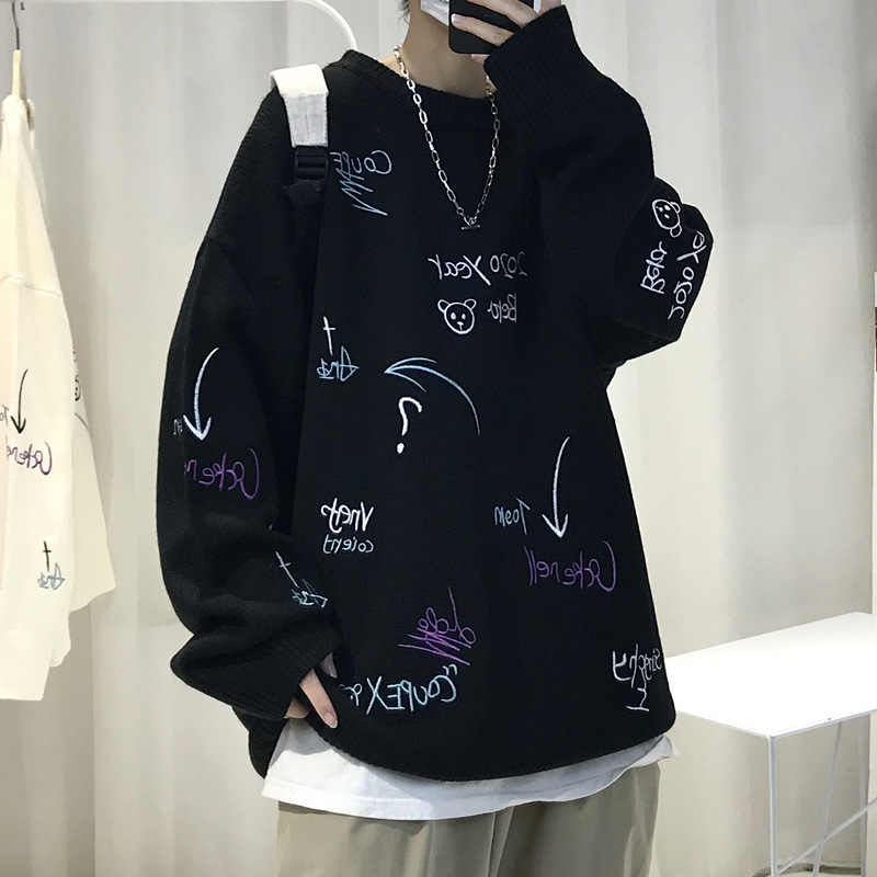 Autumn and Winter bf Hong Kong Style Distinctive Round Neck Sweater Men's Korean Style ins Fashionable Loose Couple's Knitted Base Shirt