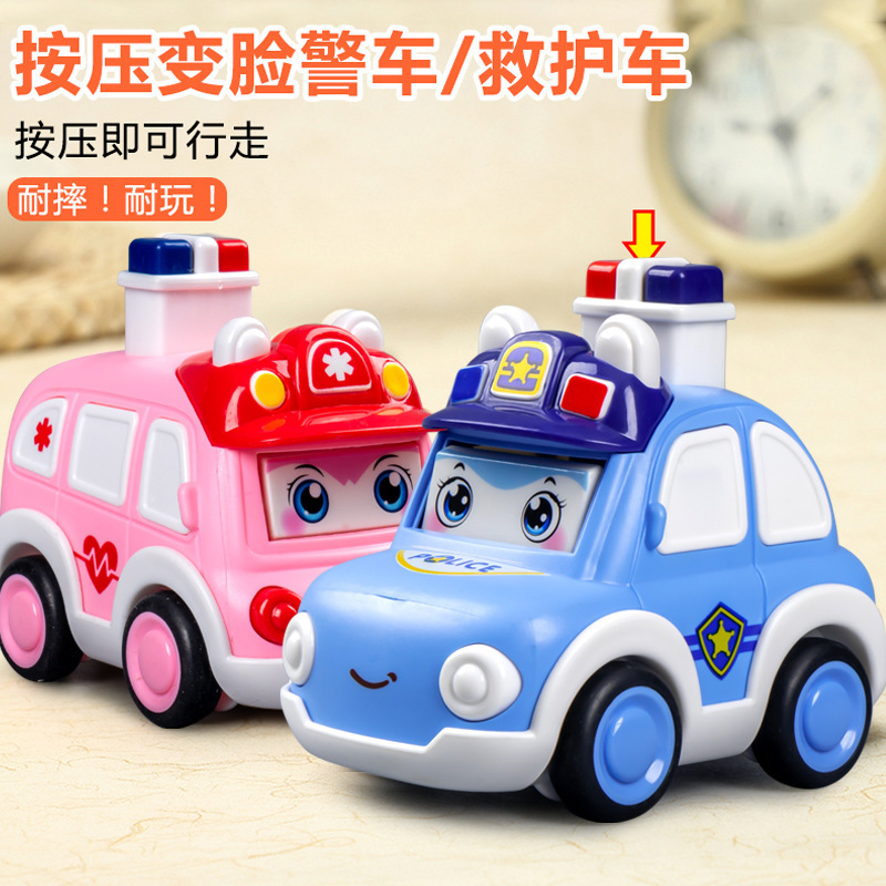 Children's Press-And-Play Cartoon Car with Changing Faces, Fire Truck, Police Car, Inertia-Powered, Crash-Resistant Construction Vehicle Toy Car for Ages 1-3 Children's Press-And-Play Cartoon Car with Changing Faces, Fire Truck, Police Car, Inertia-Powered, Crash-Resistant Construction Vehicle Toy Car for Ages 1-3