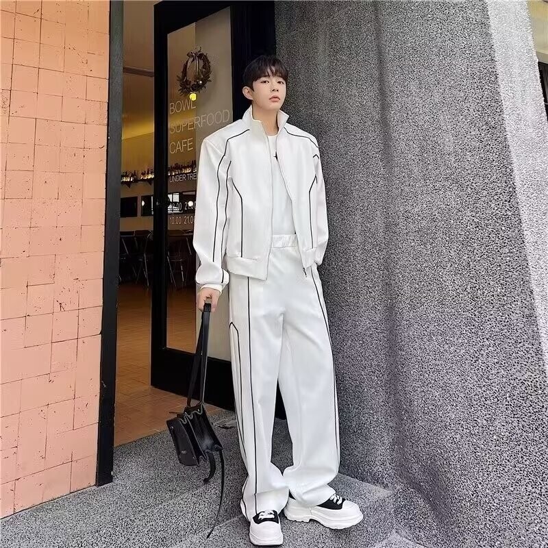 High-grade feeling ruffian handsome leisure sports suit men's plus size design feeling cardigan jacket wide leg pants matching two-piece suit fashion
