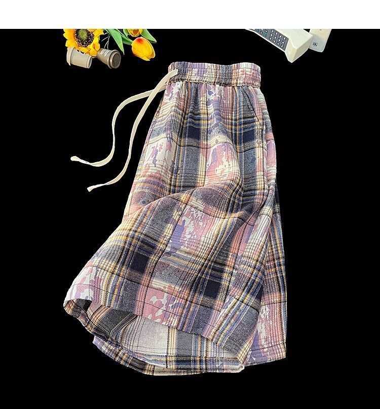 Men's And Women's Tie Dye Plaid High Waist Street Style Shorts Casual Retro Straight Five Point Beach Outerwear_viptrois.com