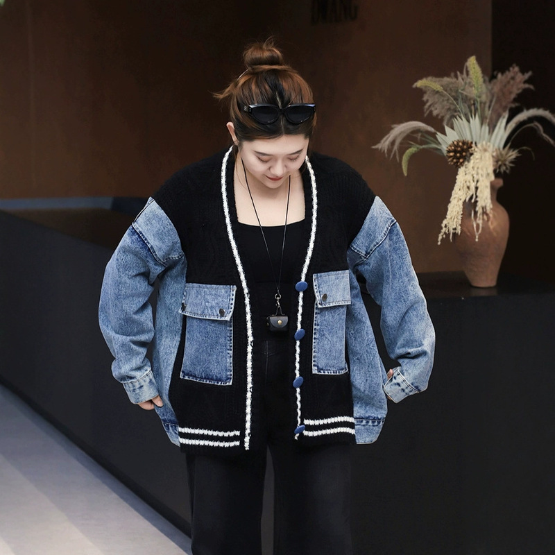 Autumn and Winter New Plus-Size Women's Clothing 150kg Heavy-Duty Denim Patchwork Cardigan Sweater Knitwear Casual Slimming Versatile