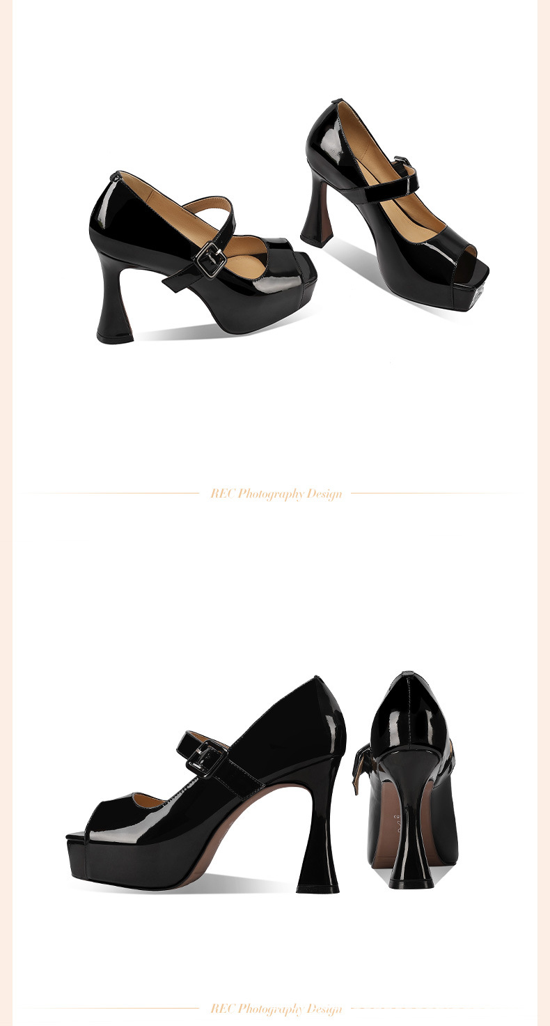Sandal cao gót nữ hở mũi quai ngang khóa, gót vuông 9 cm, đế platform — đen chi tiết 3