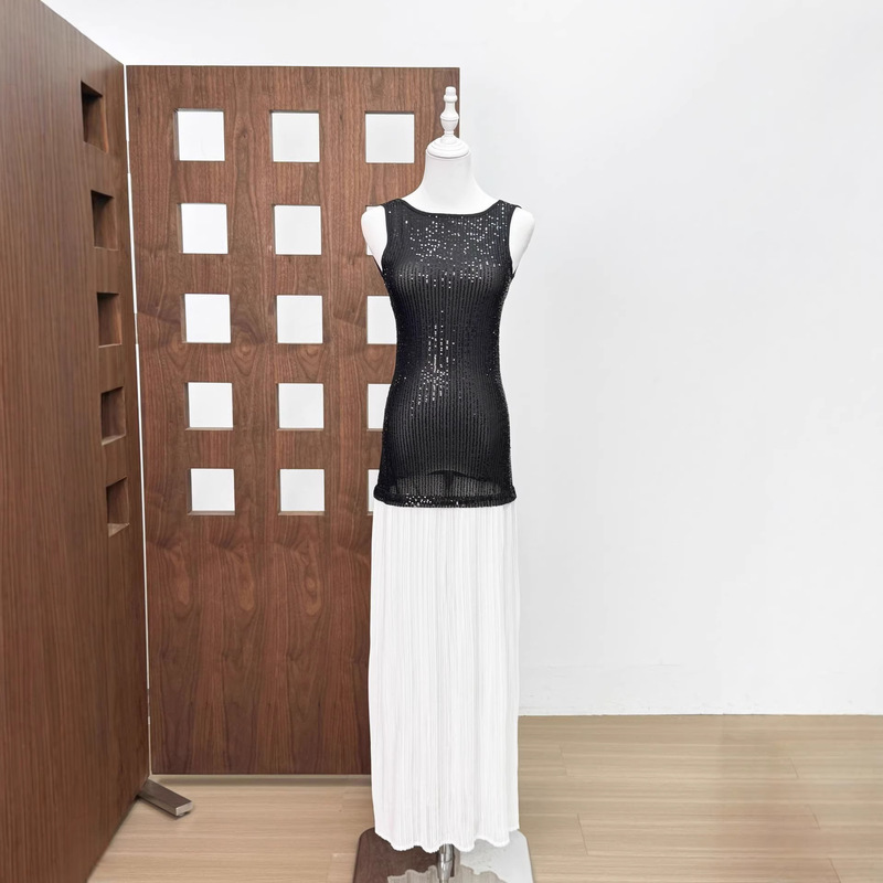 Spicy Girl Pan*Ad**E French-Style Minimalist Sequin Patchwork Backless Floor-Length Dress for Women