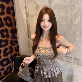 复古美式辣妹豹纹抹胸背心女夏季收腰荷叶边内搭性感紧身上衣外穿