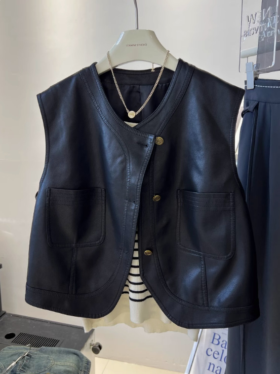 Actual Shot of Sijiqing 2025 Spring & Fall New Korean Style Retro Leather Jacket Women's Waistoutwear Sleeveless Jacket Short Jacket