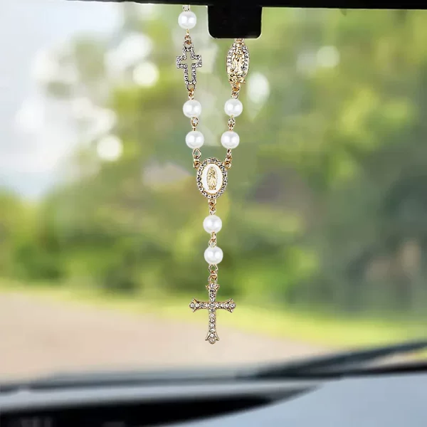 Amazon Temu Hot Sale Imitation Pearl Baptism Bracelet Cross Bracelet Prayer Bracelet Car Pendant Gift