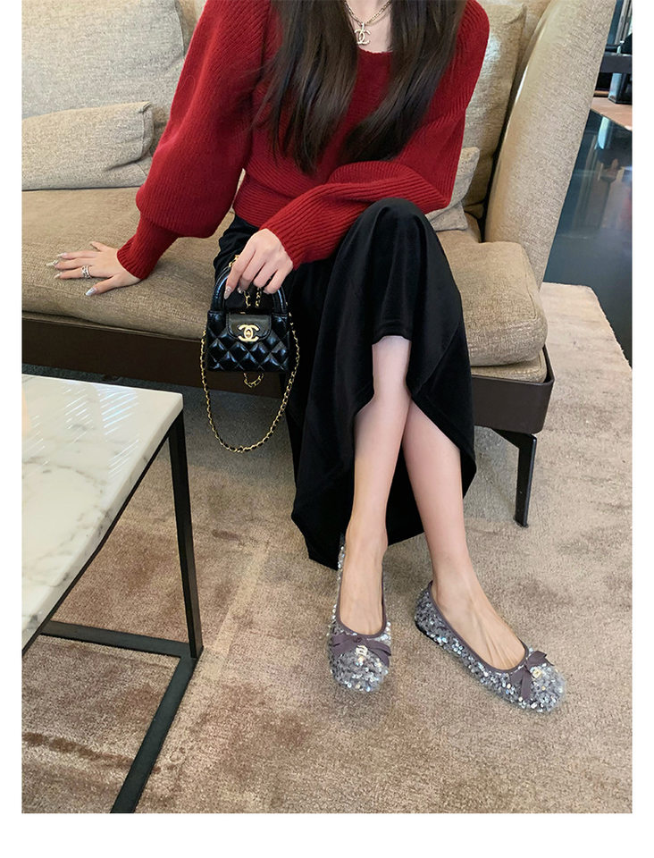 Giày búp bê nữ mũi vuông đế nhỏ đính sequin nơ, kiểu Mary Jane lười gót thấp 1–3 cm — Màu bạc, Màu đen chi tiết 36