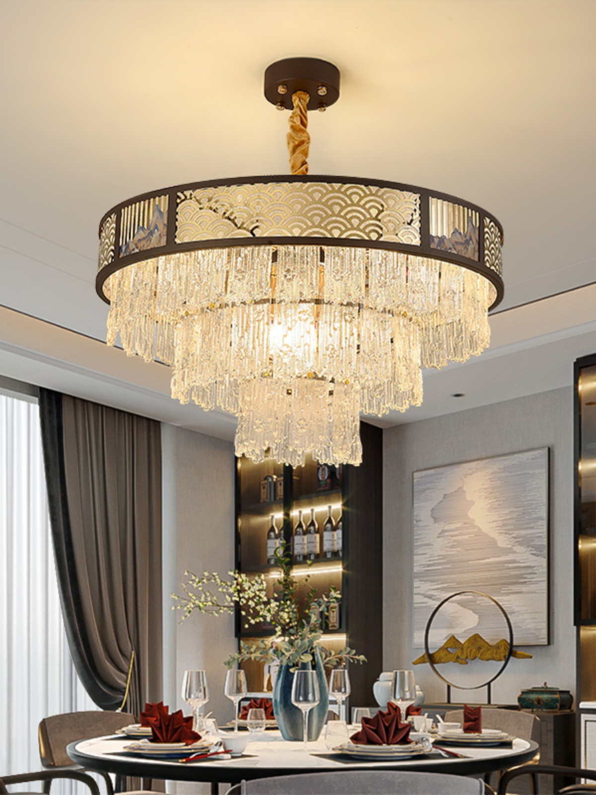 新中式水晶轻奢吊灯中国风大气餐厅灯包间包房餐饮饭店湘菜馆灯具