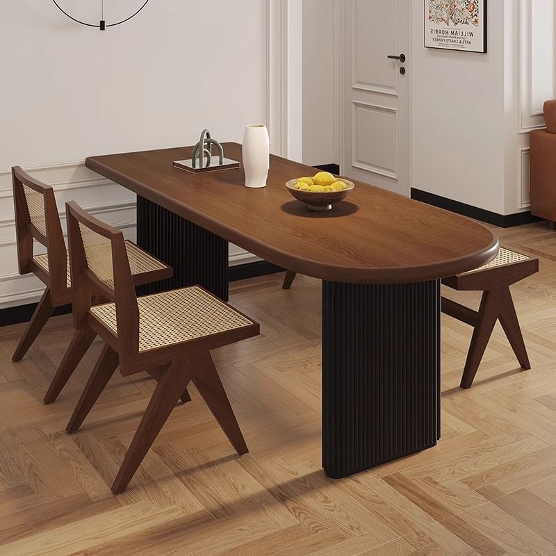 Medieval Style Walnut Color Dining Table and Chair Combination Semi-Circular Wall-Mounted Island Dining Table Solid Wood Dining Table for Home Small Apartment