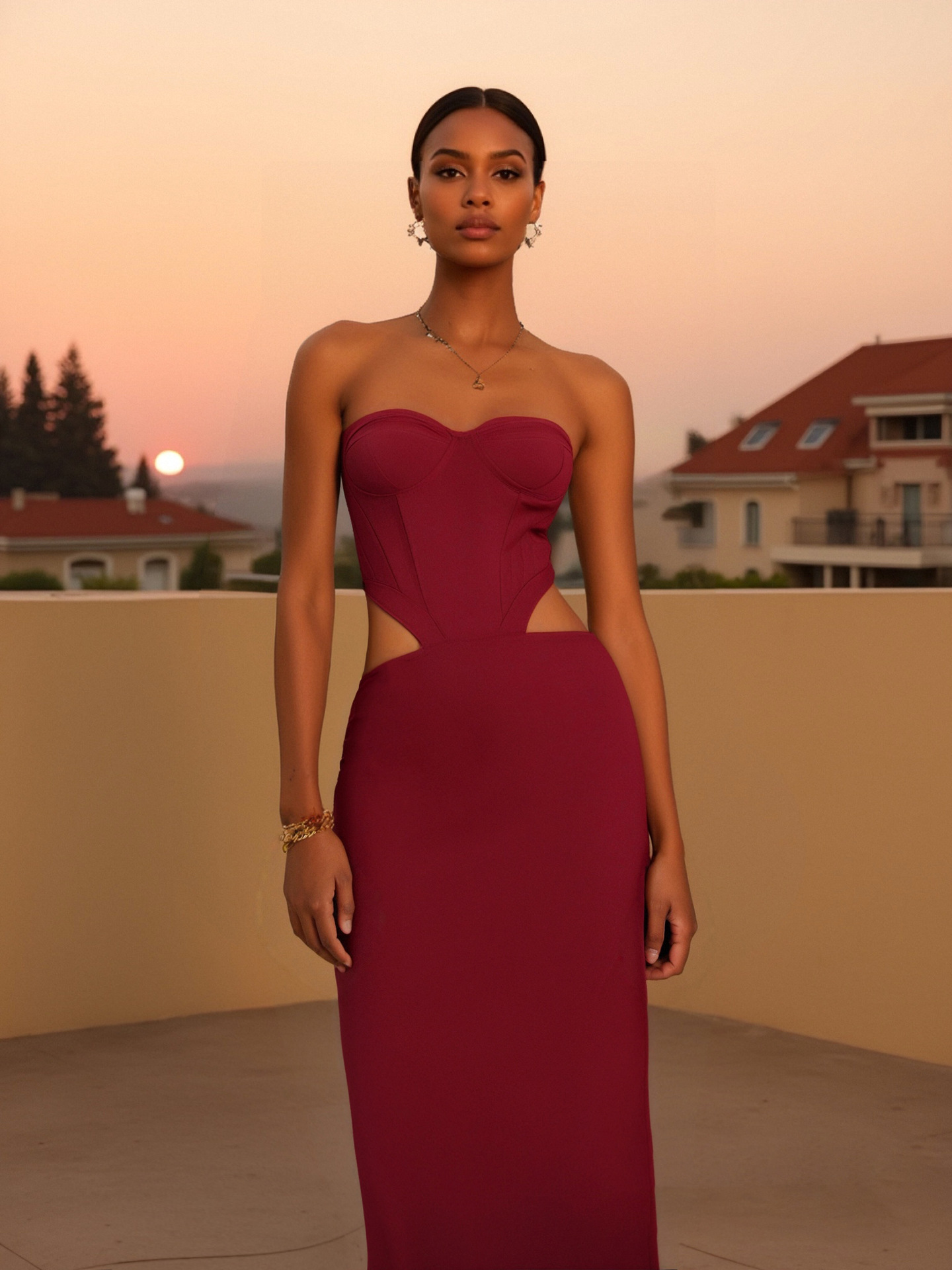 2025 estilo europeo y americano diseño de ropa de mujer transfronteriza con sentido de la parte superior del tubo, falda de vendaje de espina de pescado, ropa de brindis de boda burdeos delgados