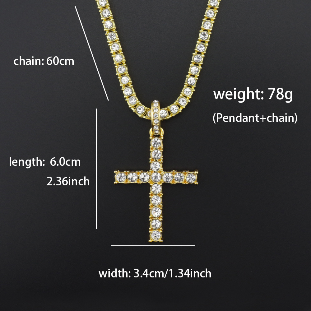10g Weight Alloy Pendant Material Rhinestones Inlay Material Pendant Necklace Classification Alloy Chain Material Tennis Chain Chain Type Street Occasion Alloy Material Cross Pattern Unisex Gender Retro, Punk Style Ornament Simple  Style Full Diamond Single Row Diamond Tennis Chain Men's And Women's Big Cross Pendant Necklace 无