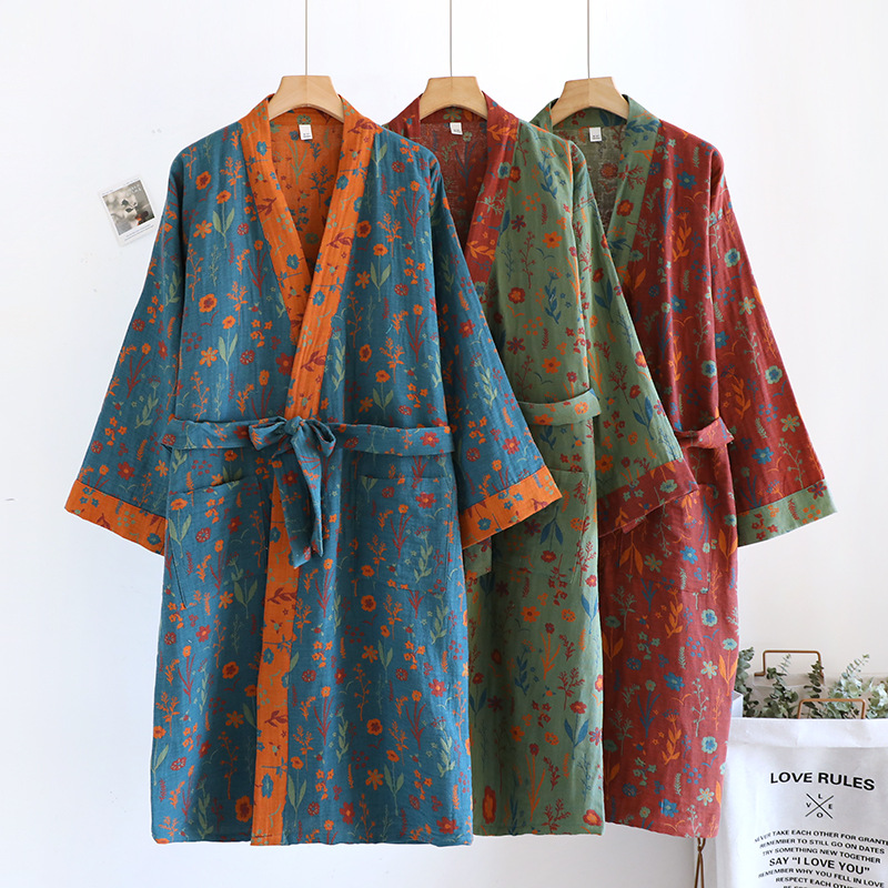 Hanfu Robe with Pure Cotton National Style, Double-Layer Gauze, Steaming, Diagonal Cardigan, Nightgown, Bathrobe, Mid-Length for Spring and Summer