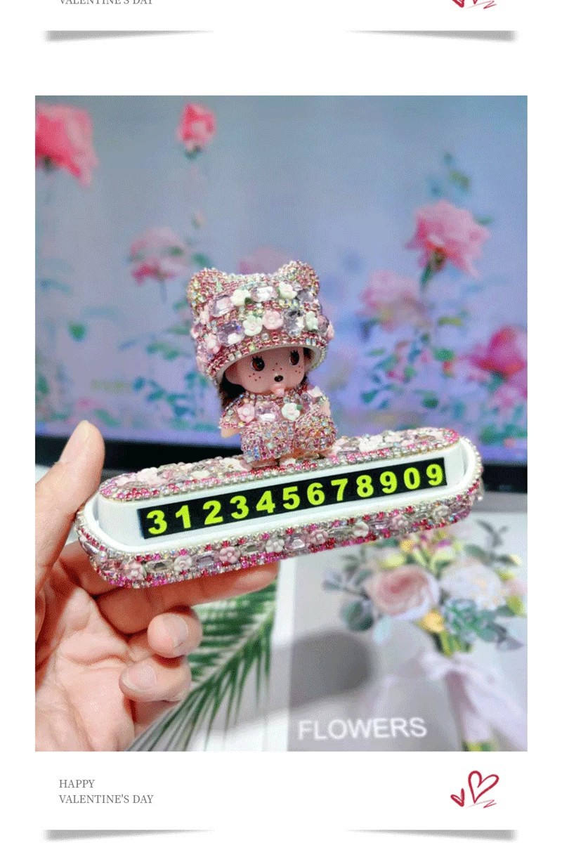 Car temporary parking number plate, car parking sign ornament, diamond-encrusted, popular style for girls