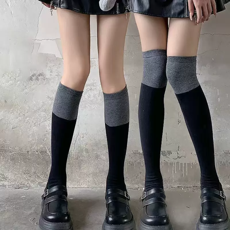 袜子女春秋薄款日系JK拼色小腿袜ins潮学院风长筒黑灰拼接过膝袜