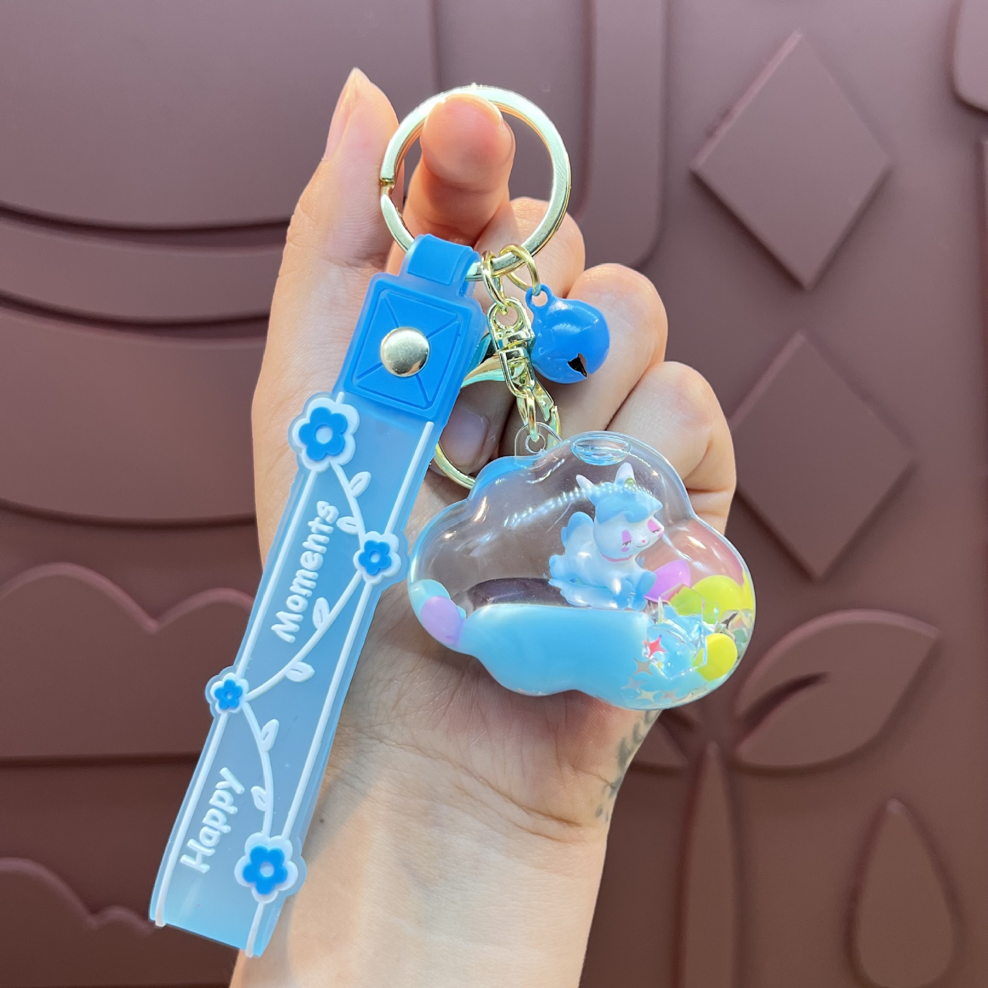 Púrpura estrella de cinco puntas líquido Quicksand llavero chica corazón flor de cerezo aceite colgante lindo tridimensional mochila adornos para mujeres