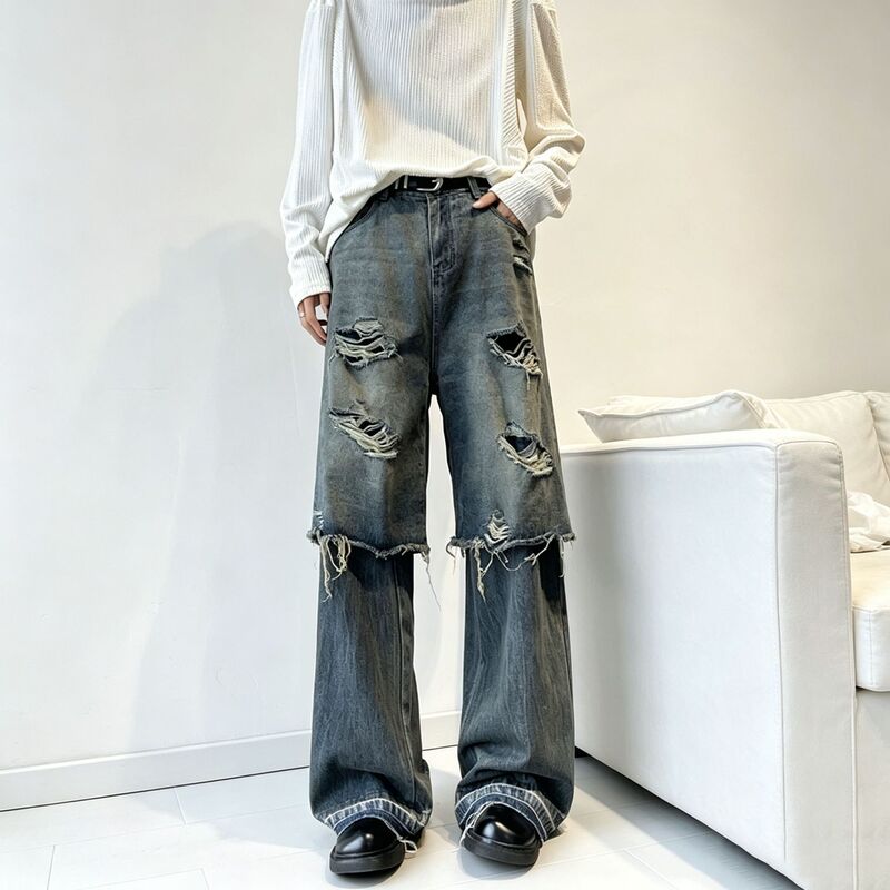 Trendy Niche Design Double-Layered Fake Two-Piece Ripped Jeans for Men, Vintage Washed Loose-Fit Long Pants