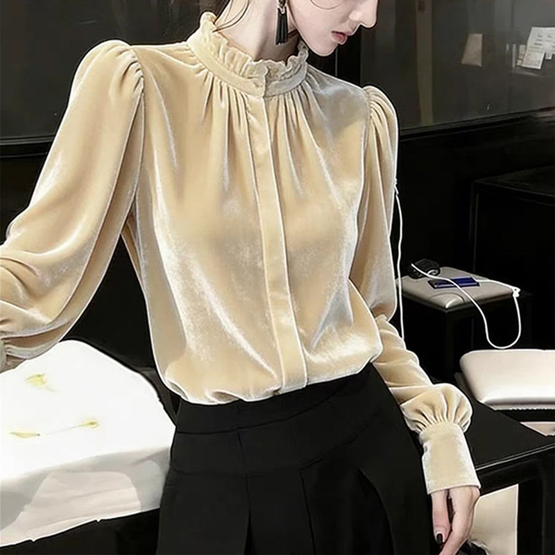 French-Style Ruffled Stand-Collar Velvet Shirt for Women, New Autumn and Winter Style, Light Luxury Casual Loose Fit, Slimming Versatile Top, Trendy French-Style Ruffled Stand-Collar Velvet Shirt for Women, New Autumn and Winter Style, Light Luxury Casual Loose Fit, Slimming Versatile Top, Trendy