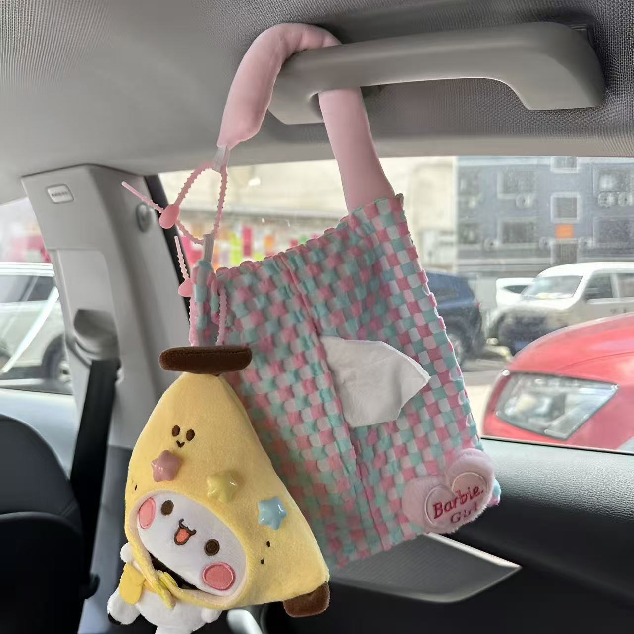 Cute Macaron Bubble Grid Car Seat Back Tissue Box Hanging Car Interior Decoration