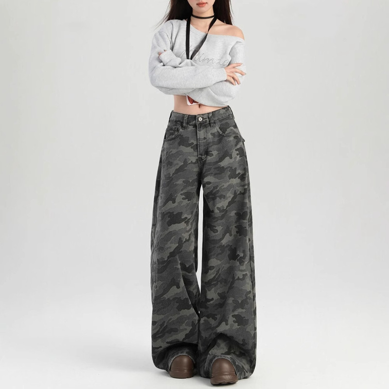 Vintage High Street Tooling Wide Leg Camouflage Jeans Men's 2025 New High Waist Loose Slimming Straight Casual Pants