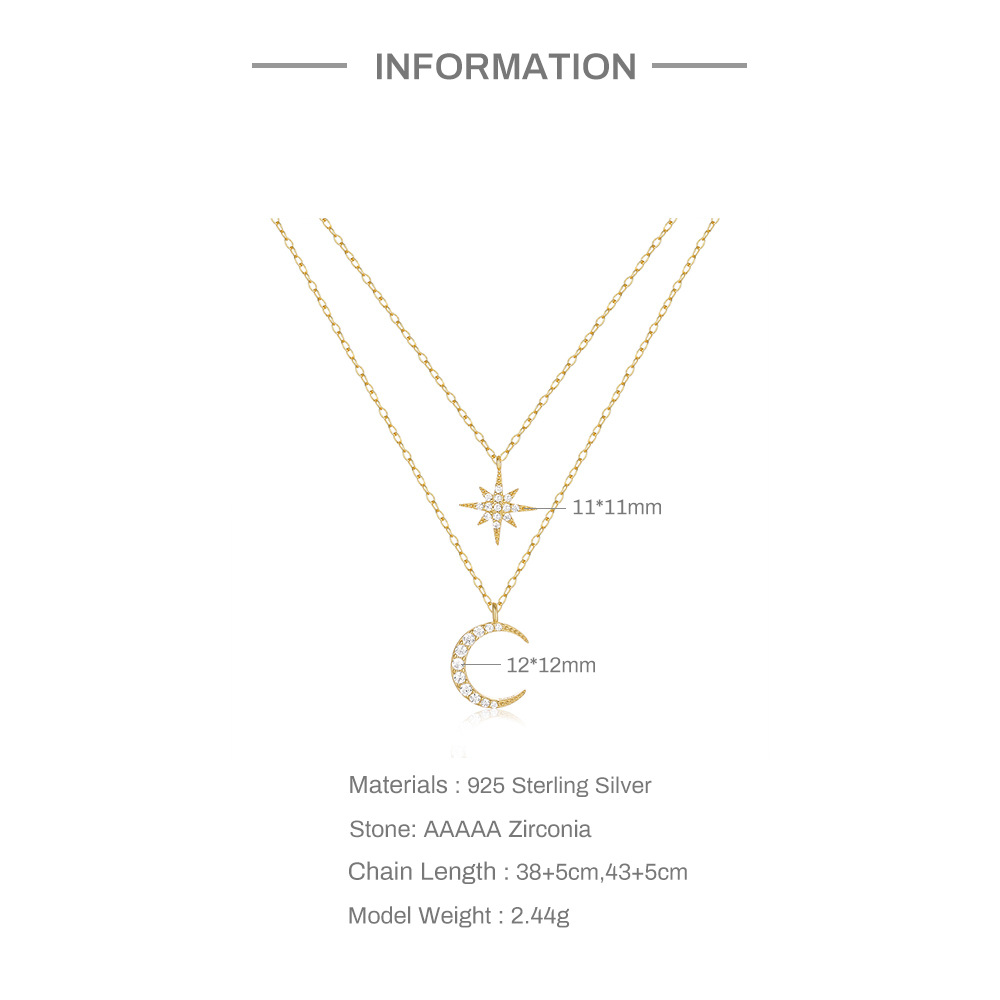 6g Weight 925 Sterling Silver Zircon Cable Chain Plating Inlay Star Moon Double Layer Necklaces