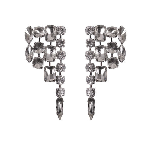 Euro-american exaggerated runway-style 925 silver stud earrings with artificial rhinestones, featuring teardrop-shaped tassels—elegant party-ready ear accessories for women