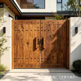 新中式老榆木大门农村自建房实木双开门原木做旧入户门仿古庭院门