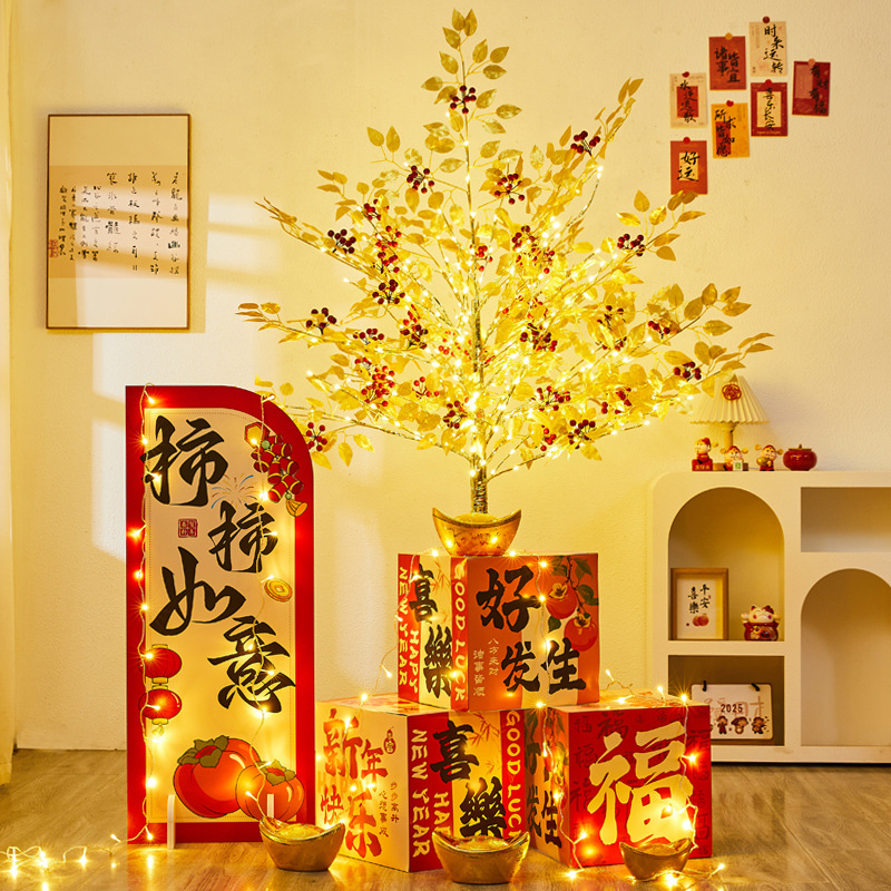 新款新年发光树氛围感商场酒店大厅圣诞节装饰场景客厅仿真树套餐