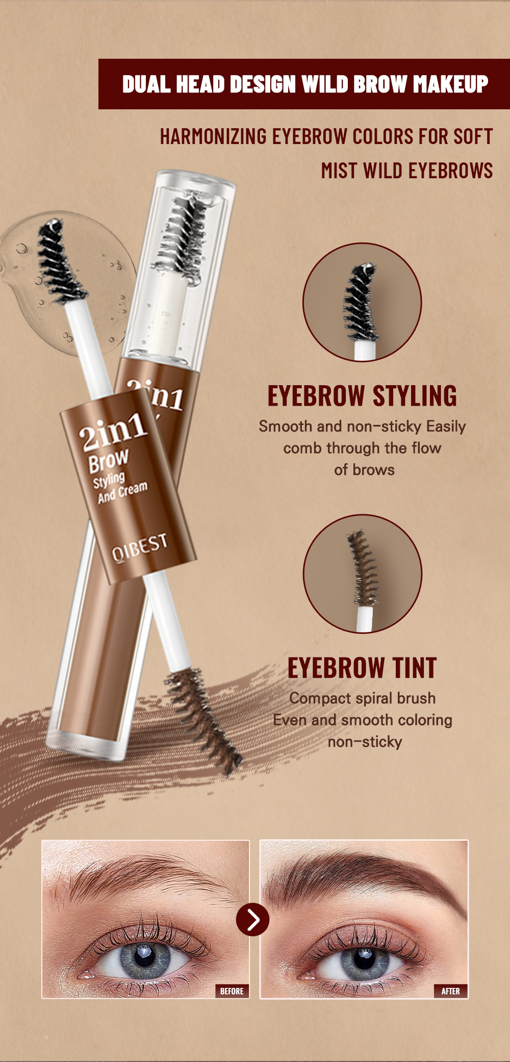 QIBEST Cross-border Double-Head Eyebrow Dye is a long-lasting, waterproof, sweat-proof, non-smudging, natural three-dimensional liquid eyebrow styling liquid Item Picture