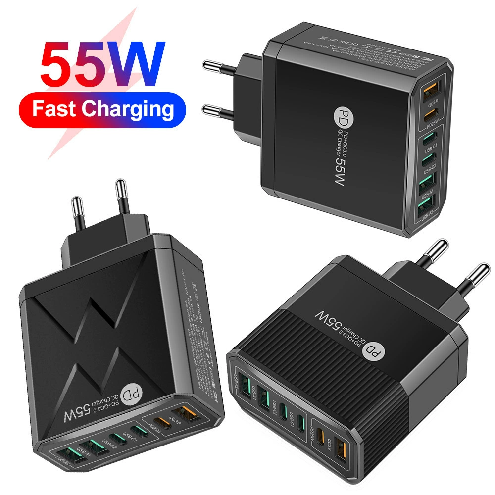 Шестипортовое зарядное устройство для мобильного телефона PD55W QC3.0 тип U, быстрая зарядка, европейские/американские стандарты, серия III