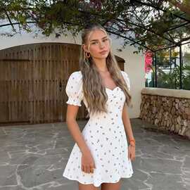 跨境欧美外贸2025年秋冬新款女装气质收腰洋气甜美泡泡袖连衣裙女