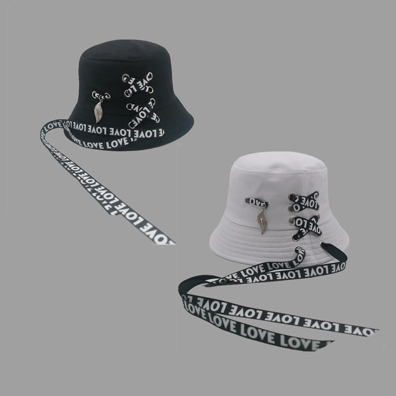 Trendy Hats for Men and Women with Ribbons, Fisherman Hats for Students, Autumn and Winter Metal Leaf Hip-Hop Couple Sun Protection Bucket Hats for Adults