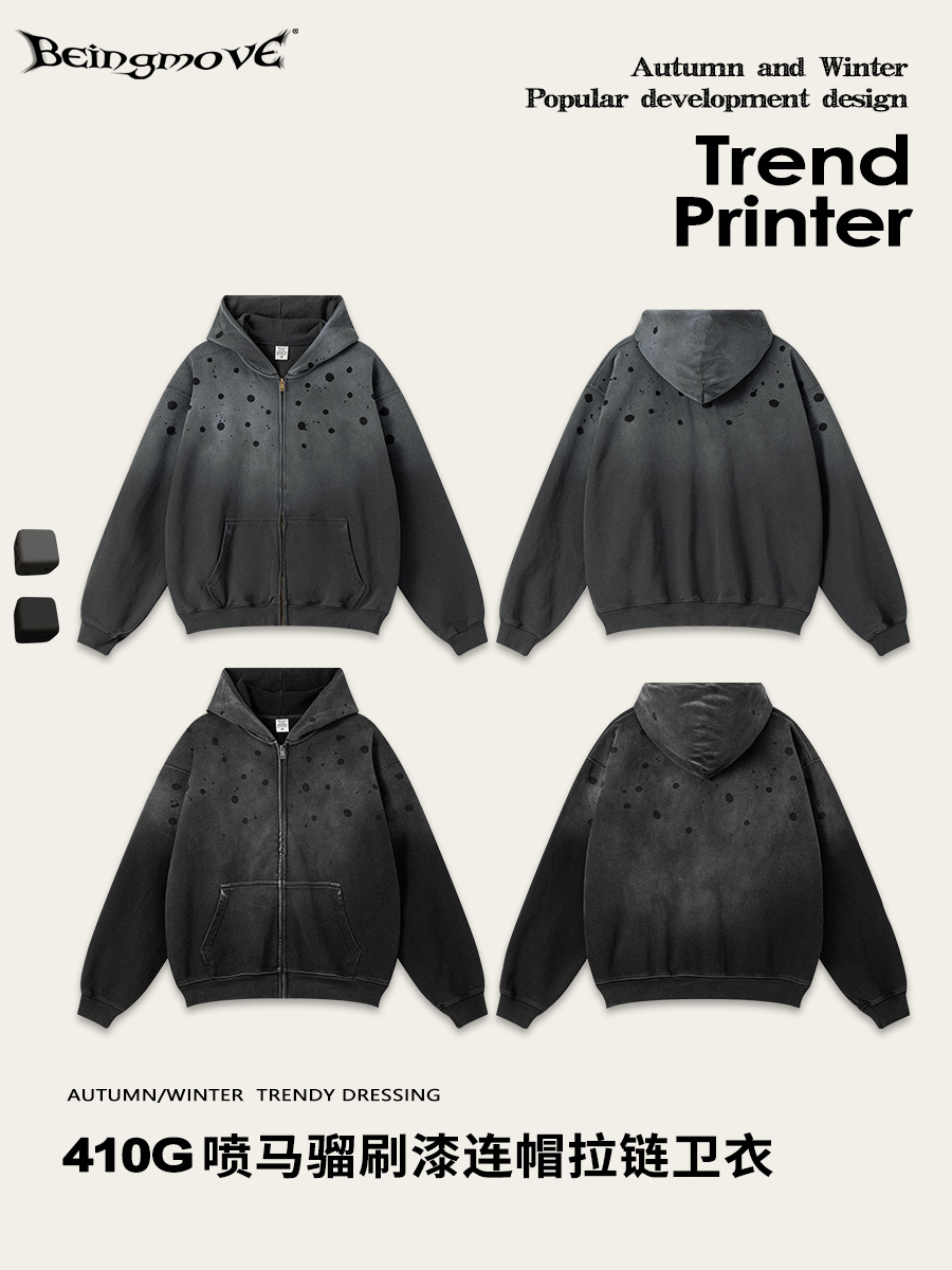 Impresora de marcas| 2025 otoño y invierno retro pintado con cremallera camiseta con capuz cardigan pesado camiseta de anillo para hombre