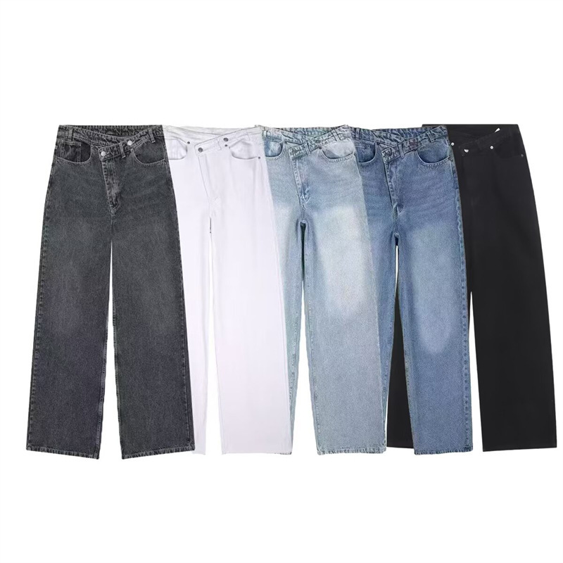 Foreign Trade Wholesale Women's Clothing 2025 European and American Fashion Simple High-Waisted Straight Cross-Waist Wide-Leg Jeans 4365232