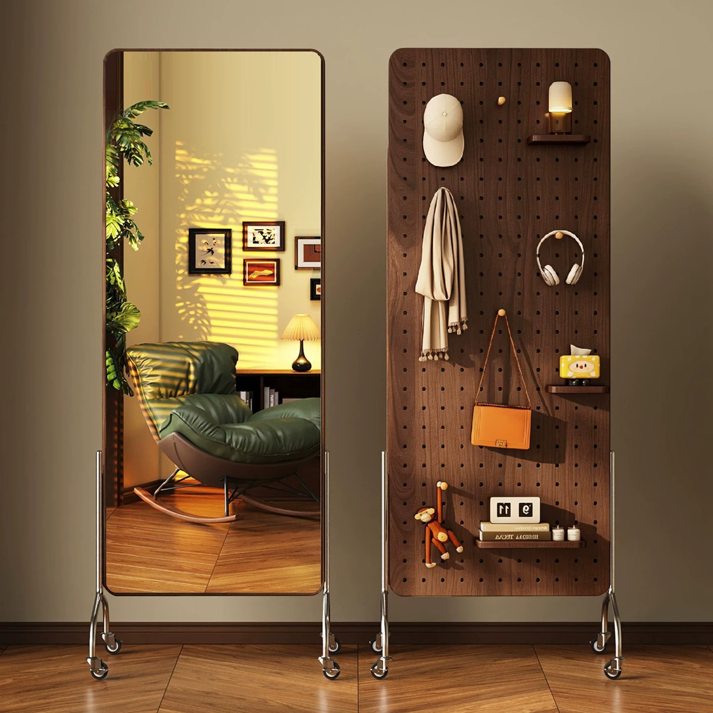 Vintage-Style Full-Length Mirror with Solid Wood Frame, Movable, for Home Use, with Integrated Pegboard and Storage Rack, Freestanding Dressing Mirror