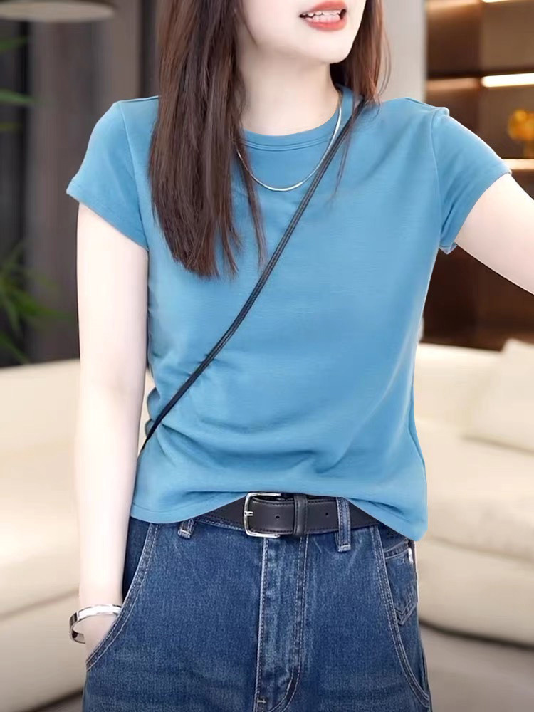 Unique Lake Blue Regular Shoulder Round Neck Pure Cotton Short-Sleeve T-Shirt for Women, Summer Fashion Versatile Stylish Youthful Top