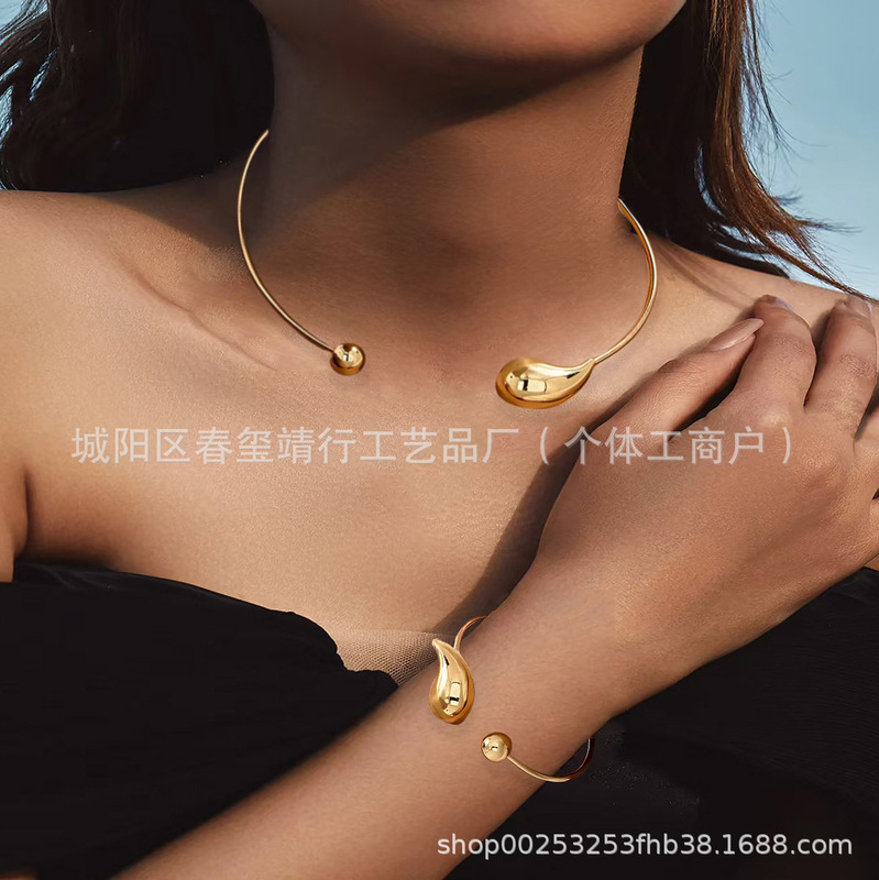 European and American Cross-Border Fashion Personality Large and Small Water Drop-Shaped Open Choker Bracelet Set Exaggerated Metal Style Women's Set Wholesale