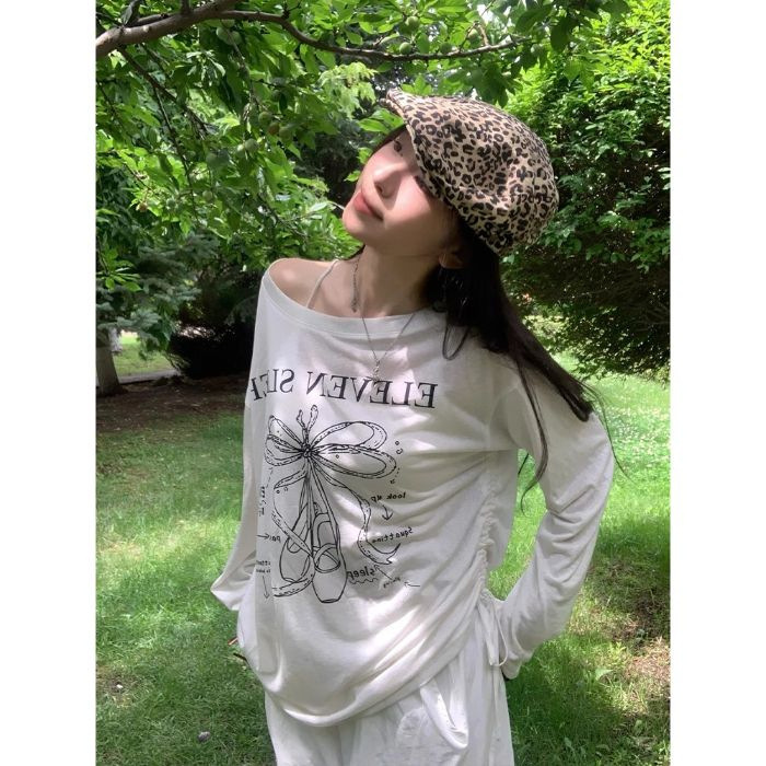 慵懒风薄款印花斜肩长袖T恤女夏季微透宽松显瘦罩衫|undefined