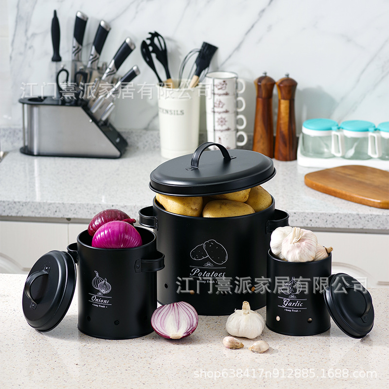 Barril de patata transfronteriza cebolla ajo contenedor de almacenamiento conjunto de cocina caja de almacenamiento de frutas y verduras patata metal permeable a la atmósfera